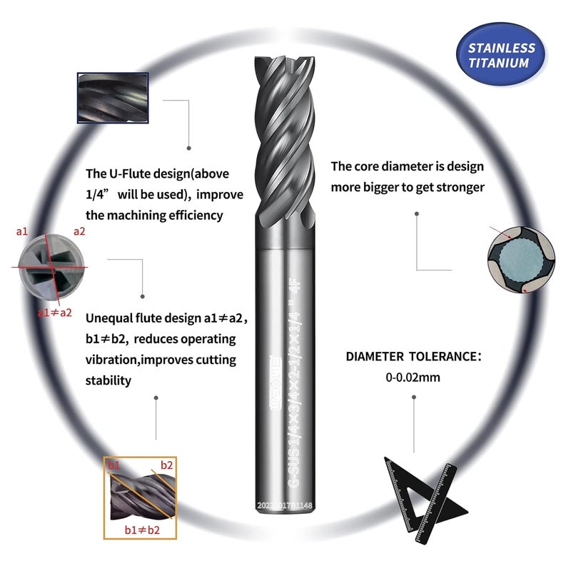 WEXWE Store مجموعة أدوات قواطع نهاية كربيد، طلاء TiAlCN، قطع CNC لمواد الصلب، 4 شفرات قواطع كربيد صلبة مربعة (1/8" 3/16" 1/4" 5/16" 3/8" 5 قطع) - Image 3